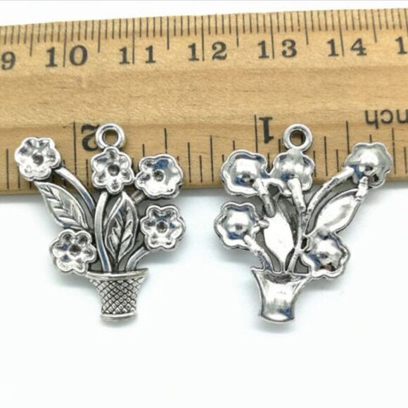2 Womens Antique Silver Growing Flowerpot Pendant/Charms - Picture 2 of 2